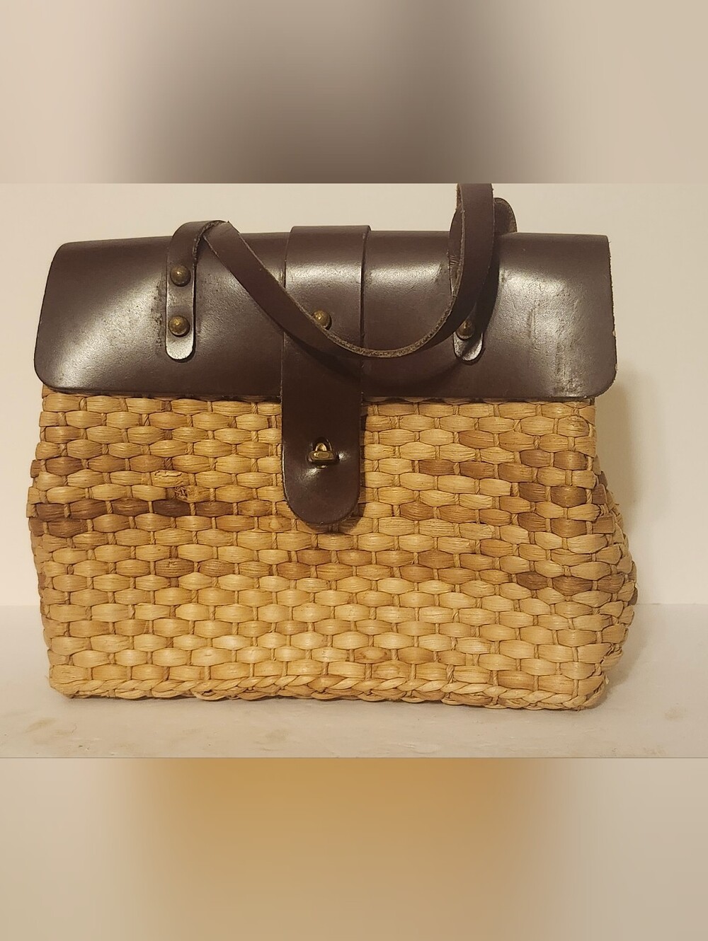 Woven Straw Hobo Bag with Dark Brown Leather Trim